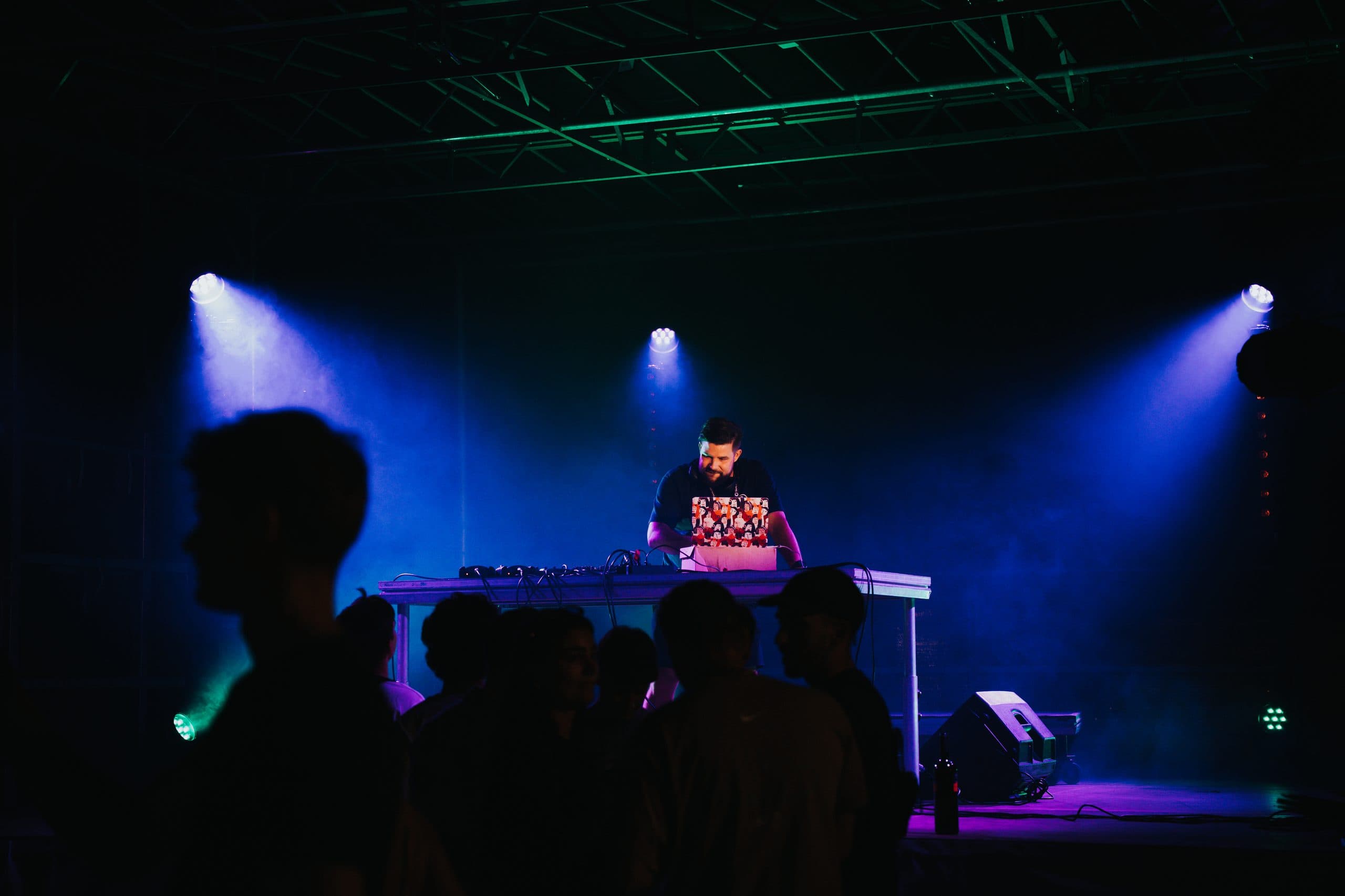 Sly Vallotton sur scène lors d'un concert, foule en liesse, lumières colorées